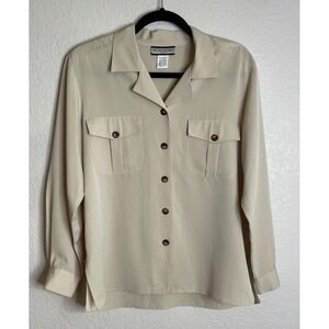 Vintage Notations Womens 10 Petite Beige Button Up Blouse Top Career Office‎